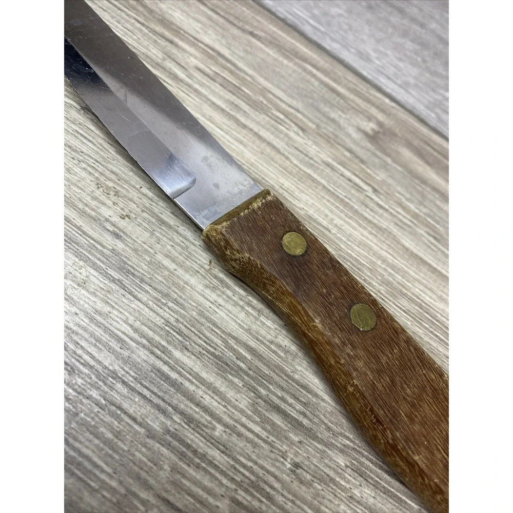 Delco Steak Knife Vintage‎ Serrated Stainless Steel Wood Handle 8.25 Inch Brass